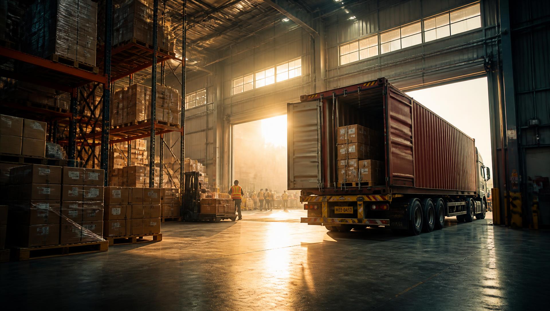 SwiftDx warehouse with a container truck loading at sunrise